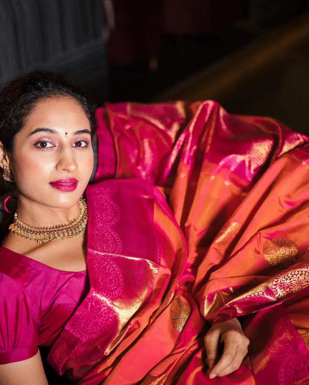 Pooja Ramachandran Stills in Red Saree Blouse